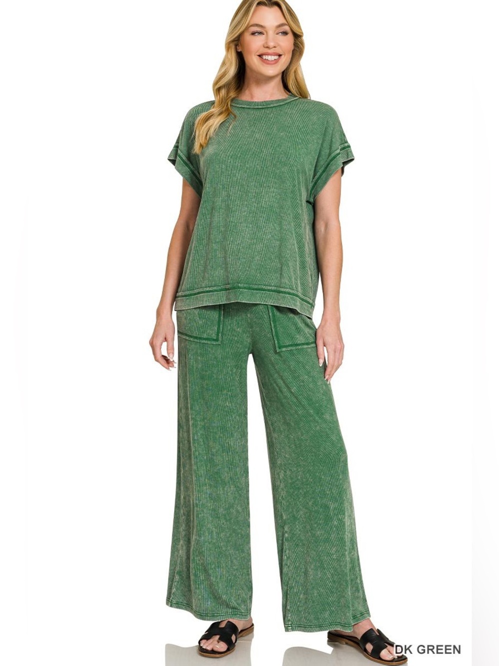 Zenana Ribbed Acid Wash Rayon Pants And Tops Set in Dark Green